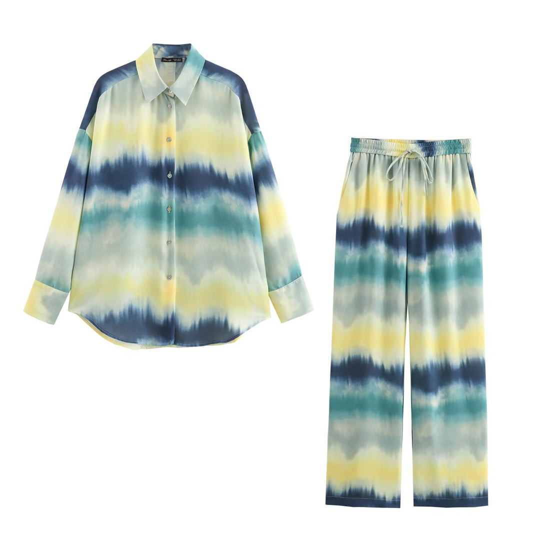 Damen Weite Palazzo-Loungehose mit Elastikbund, Tunnelzug und Aquarell‑Print Shop Nory