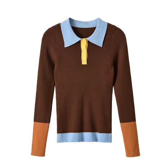 Damen Figurbetonter Rippstrick-Pullover mit Polokragen, Knopfleiste und Colorblock-Details Shop Nory