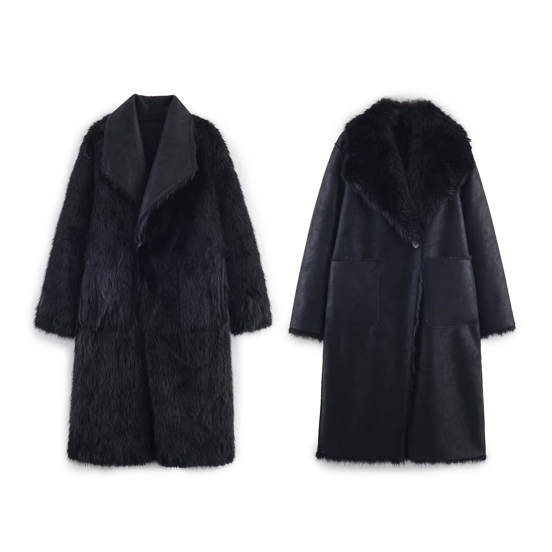 Damen Langer Wendbarer Kunstfell-Mantel mit Oversized-Schalkragen und aufgesetzten Taschen Shop Nory