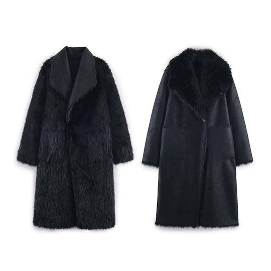 Damen Langer Wendbarer Kunstfell-Mantel mit Oversized-Schalkragen und aufgesetzten Taschen Shop Nory