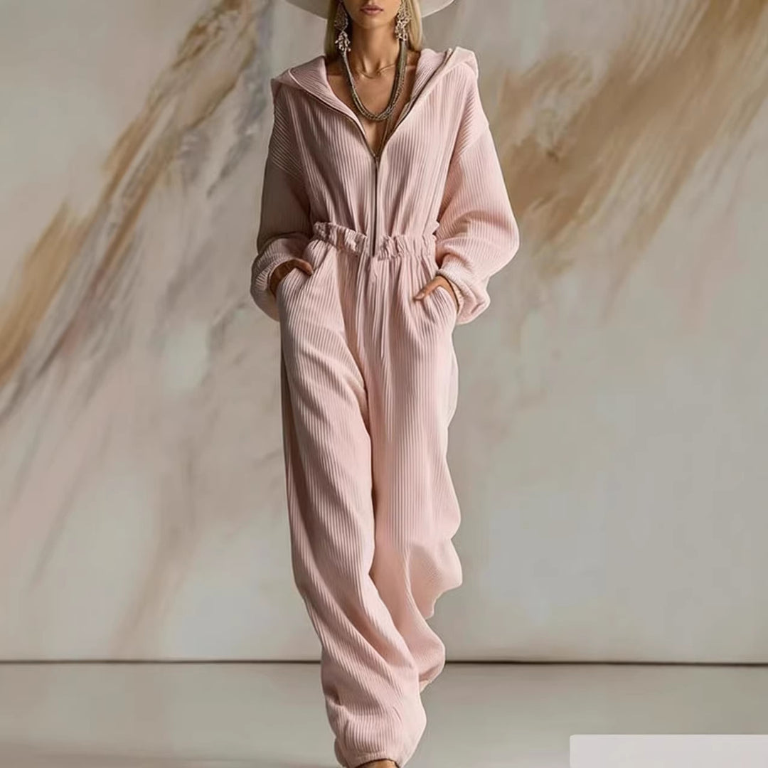 Damen Plissierter Kapuzen-Jumpsuit mit Reißverschluss und elastischer Taille Shop Nory