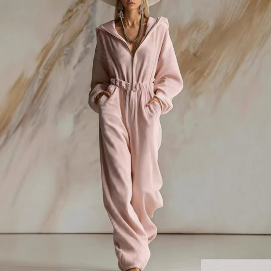 Damen Plissierter Kapuzen-Jumpsuit mit Reißverschluss und elastischer Taille Shop Nory