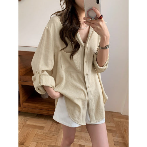Damen Lässiges Leinenoptik-Longshirt mit Oversize-Schnitt und Brusttasche Shop Nory