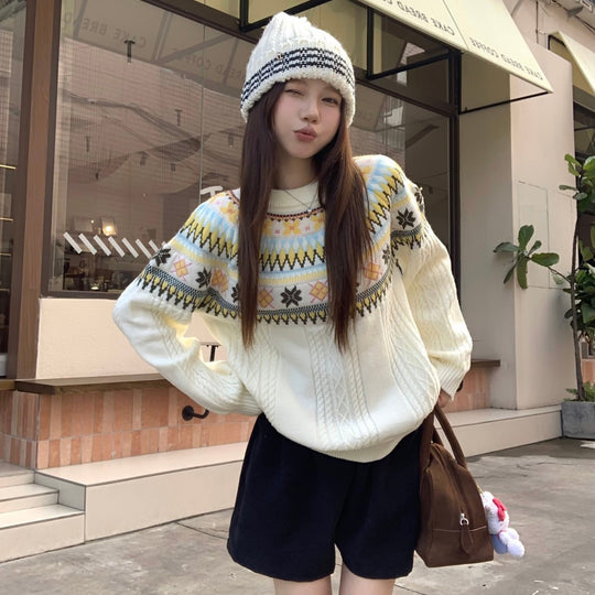 Damen Modischer Grobstrickpullover mit Norweger-Muster Shop Nory