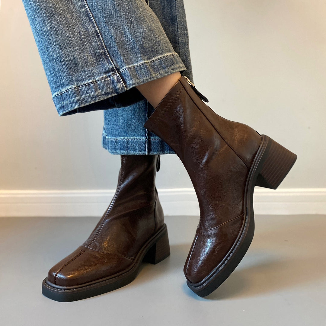 Damen Stiefeletten mit dickem Absatz und Reißverschlussverschluss