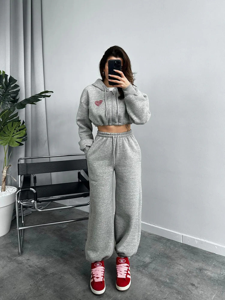 Damen Cropped Kapuzenpullover und hohe Taille Wide-Leg Jogginghose Set Shop Nory