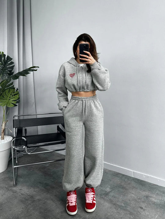 Damen Cropped Kapuzenpullover und hohe Taille Wide-Leg Jogginghose Set Shop Nory