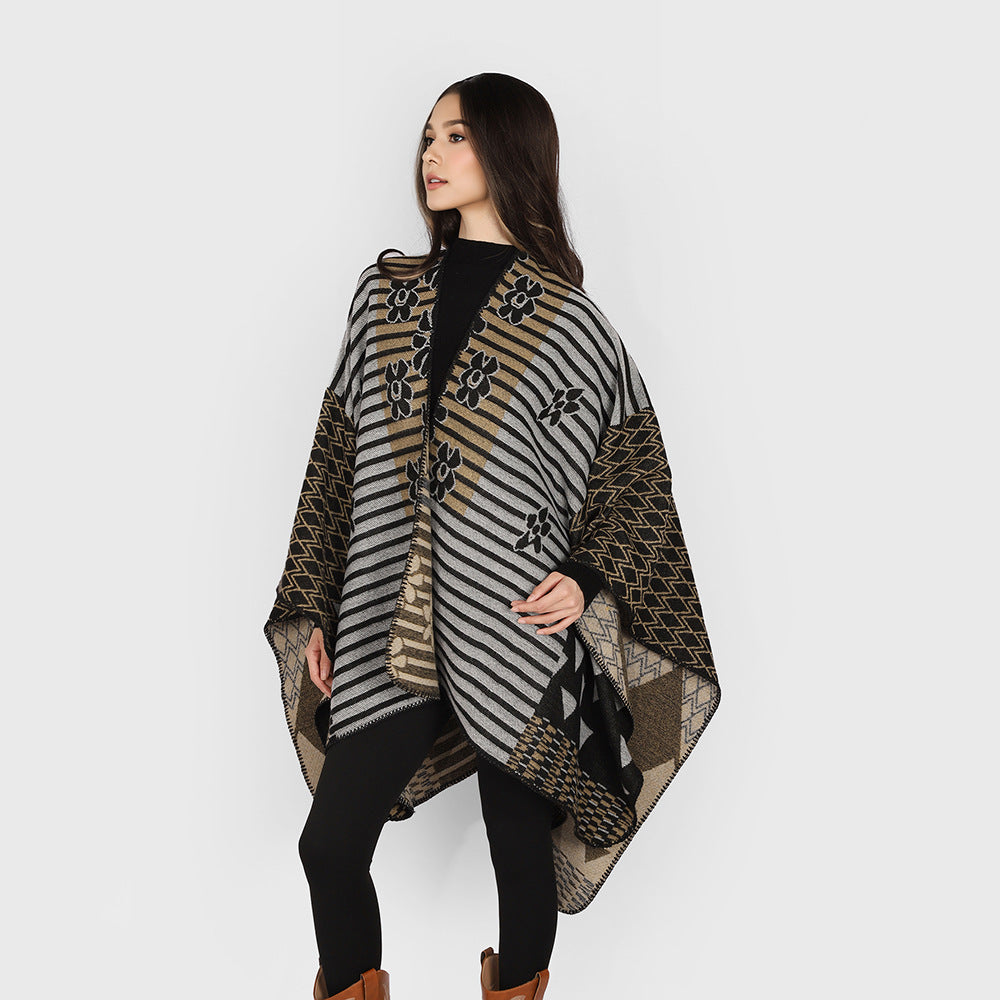 Damen Oversize Jacquard‑Ruana im Ethno‑Patchwork‑Design Shop Nory