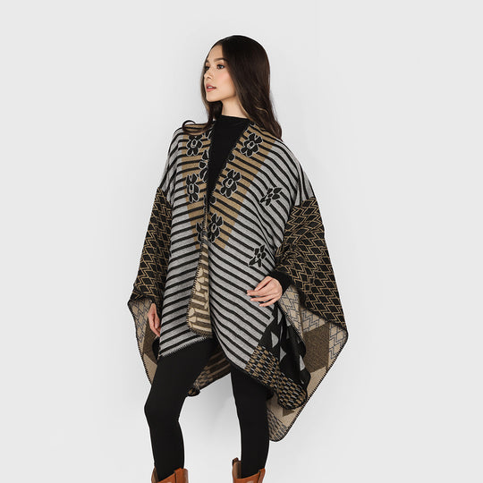 Damen Vielseitiger Strickponcho im Patchwork-Jacquard mit V-Ausschnitt und asymmetrischem Zipfelsaum Shop Nory