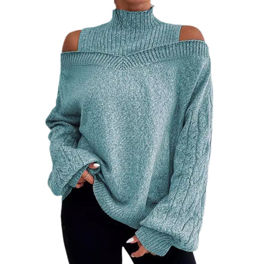 Damen nan schulterfreier Strickpullover mit Stehkragen und Zopfmusterärmeln Shop Nory