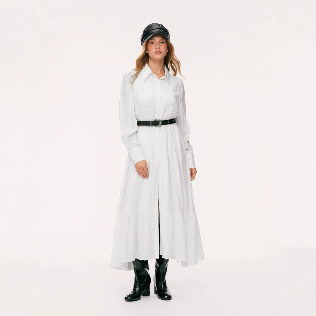 Damen Langes Hemdblusenkleid mit Spitzenbesatz, Taillierung und Stufenrock Shop Nory
