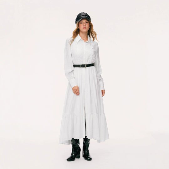 Damen Langes Hemdblusenkleid mit Spitzenbesatz, Taillierung und Stufenrock Shop Nory