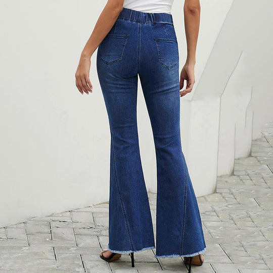 Damen hochtaillierte ausgestellte Denim-Hose mit elastischem Tunnelzugbund, Ziernähten und rohem Saum Shop Nory