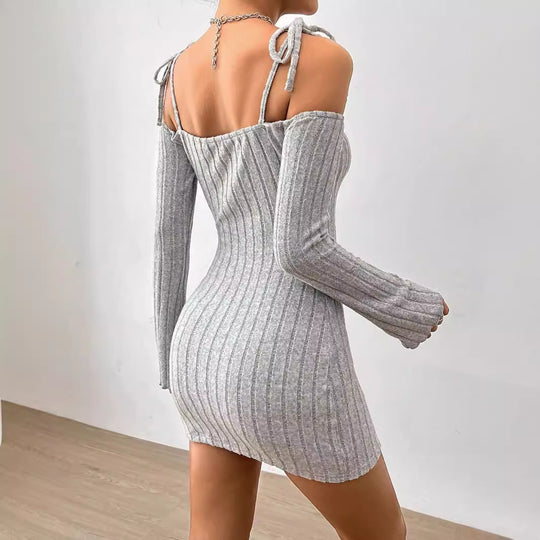 Damen geripptes One-Shoulder-Strickminikleid mit Bindeträgern taillierter Bodycon-Passform Shop Nory