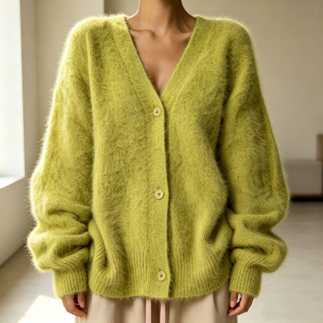 Damen Flauschiger Oversize-Knopfcardigan mit tiefem V-Ausschnitt und Eingrifftaschen Shop Nory