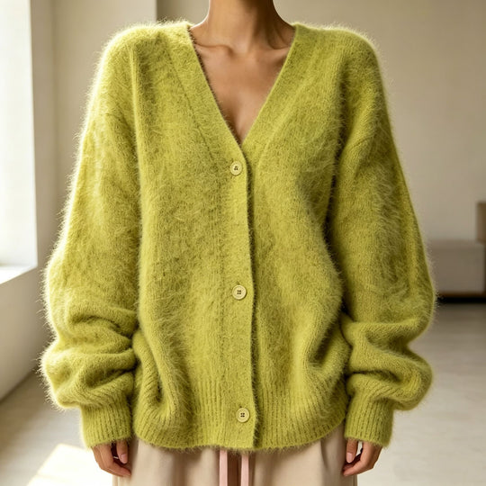 Damen Flauschiger Oversize-Knopfcardigan mit tiefem V-Ausschnitt und Eingrifftaschen Shop Nory