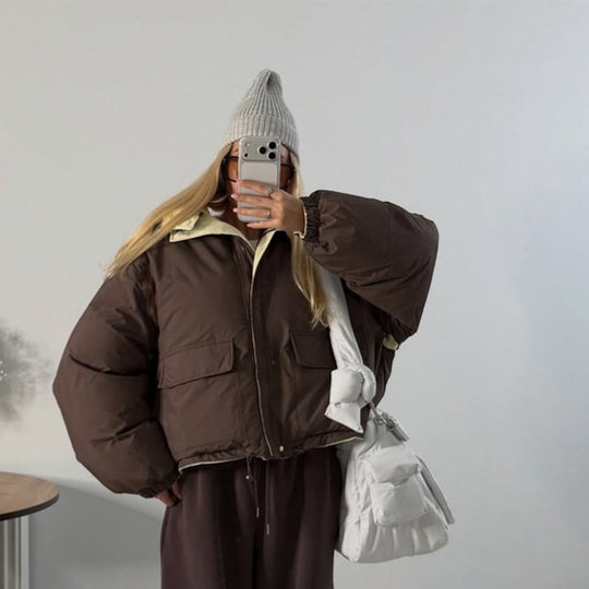Damen Kurze Oversize Steppjacke mit hohem Kragen und wattierter Fütterung Shop Nory