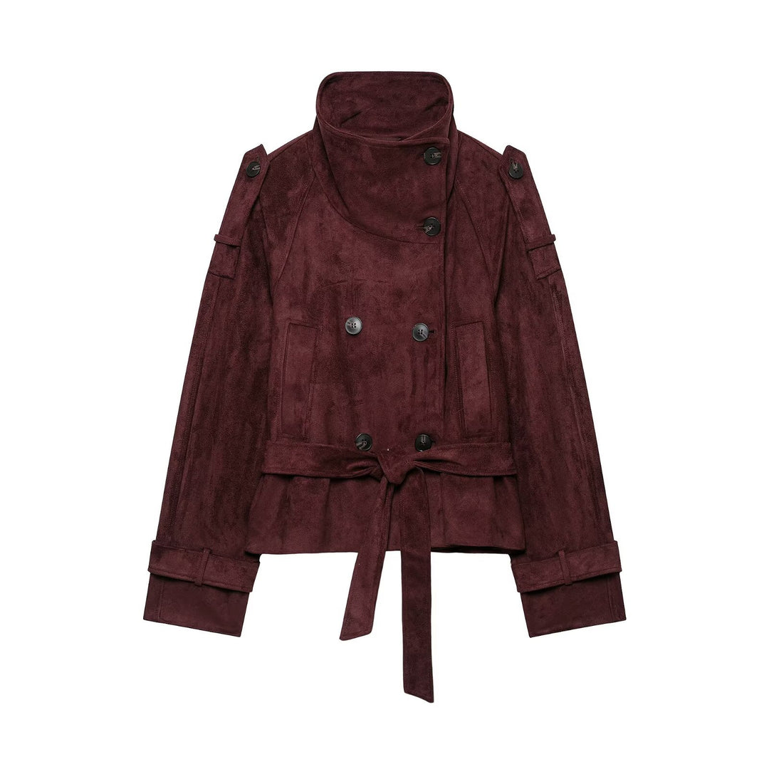 Damen Kurze Trenchjacke aus Veloursoptik mit hohem Stehkragen und Bindegürtel Shop Nory