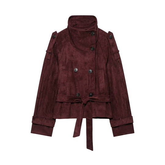 Damen Kurze Trenchjacke aus Veloursoptik mit hohem Stehkragen und Bindegürtel Shop Nory