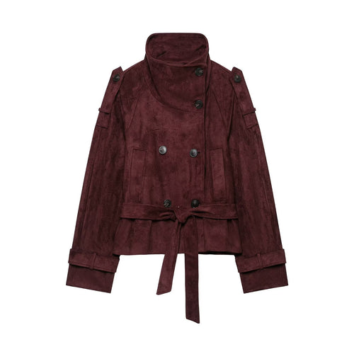 Damen Kurze Trenchjacke aus Veloursoptik mit hohem Stehkragen und Bindegürtel Shop Nory