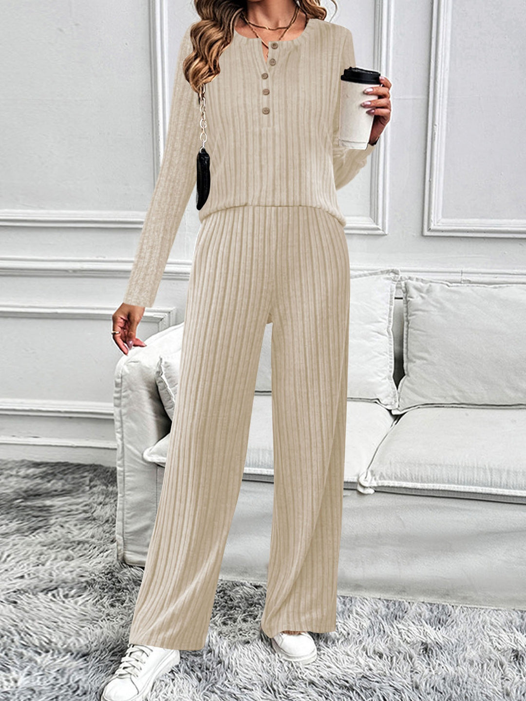 Damen Geripptes Lounge-Zweiteiler mit Henley-Top und weiter Palazzohose Shop Nory