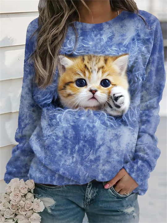 Damen Gemütlicher Übergroßer Fleece-Pullover mit Großem Welpenfoto-Print Shop Nory
