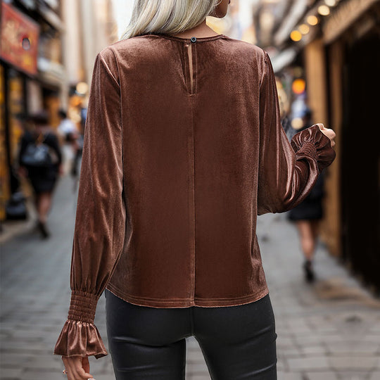 Damen Elegante Samtbluse mit Spitzen-Ausschnitt, Smokmanschetten und lockerer Passform Shop Nory