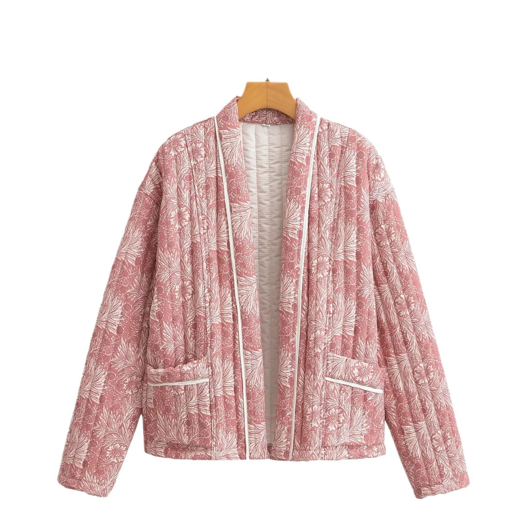 Damen Leichte gesteppte Jacke im Kimono-Stil mit floralem Blockdruck und Kontrastpaspel Shop Nory