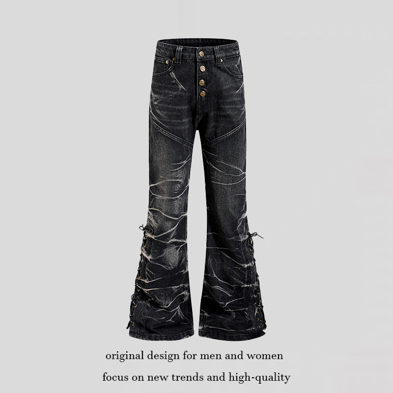 Damen hochgeschnittene ausgestellte Jeanshose mit Knopfleiste und seitlichen Schnürungen Shop Nory