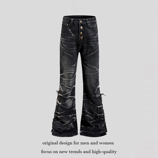 Damen hochgeschnittene ausgestellte Jeanshose mit Knopfleiste und seitlichen Schnürungen Shop Nory