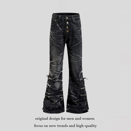 Damen hochgeschnittene ausgestellte Jeanshose mit Knopfleiste und seitlichen Schnürungen Shop Nory