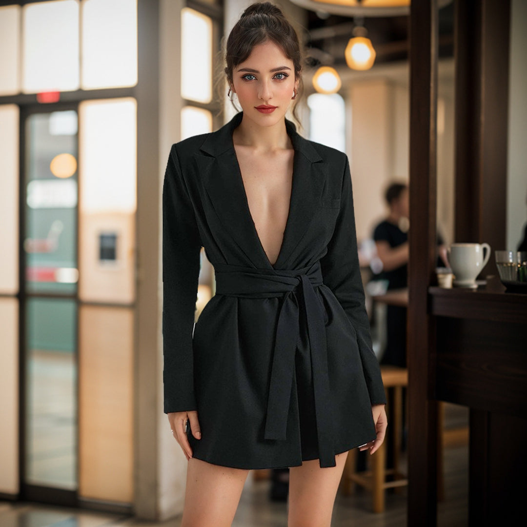 Damen Taillierter Blazer-Mantel mit Bindegürtel und Pattentaschen Shop Nory