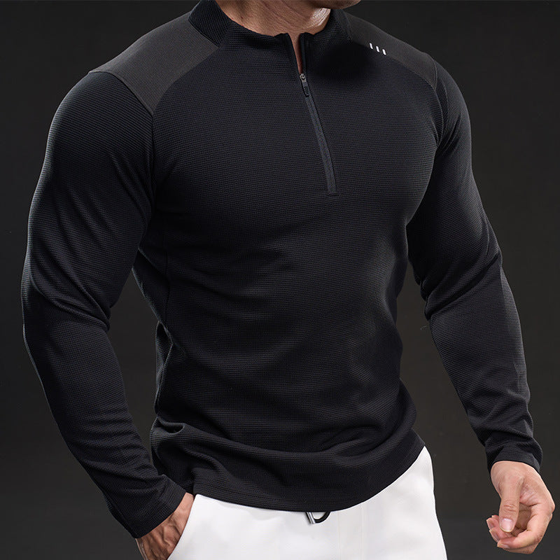 Herren Slim-Fit Sportliches Langarm-Trainingsshirt mit Halb-Reißverschluss und Strukturgewebe Shop Nory