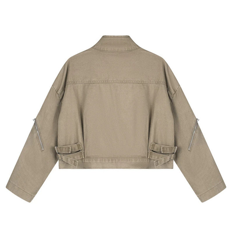 Damen Cropped Utility-Jacke mit Stehkragen, Mehrfachtaschen und Reißverschlussärmeln Shop Nory