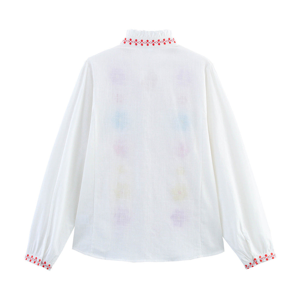 Damen Bluse mit bunten Stickereien und romantischem Rüschendesign