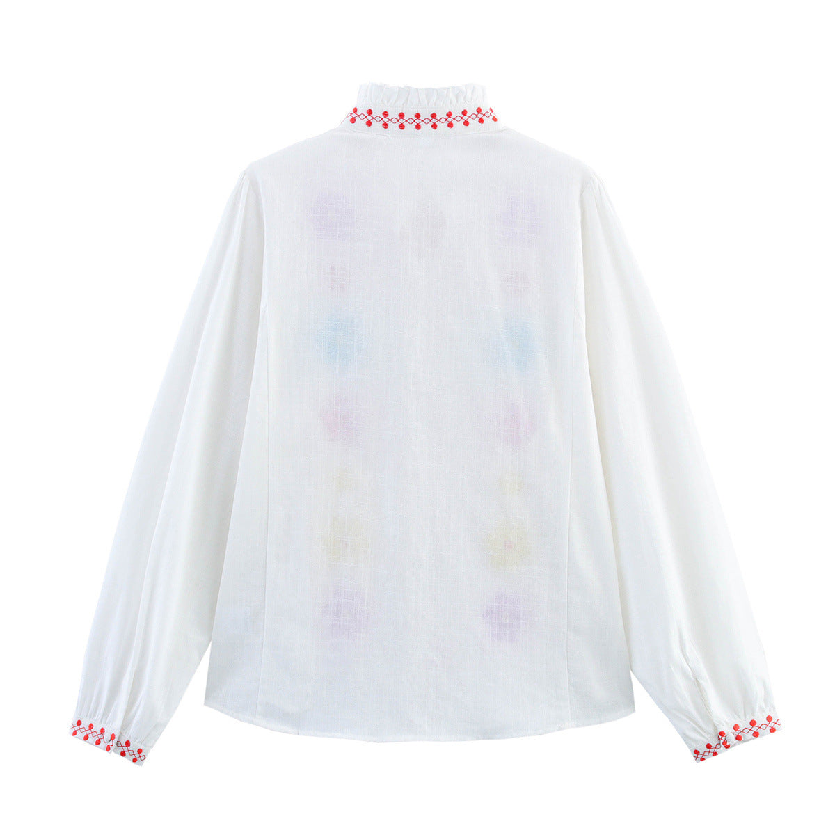Damen Bluse mit bunten Stickereien und romantischem Rüschendesign