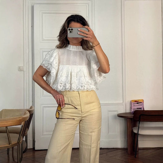 Damen Spitzenbluse im Cropped-Volantstil mit Stehkragen und Lagenrüschen Shop Nory