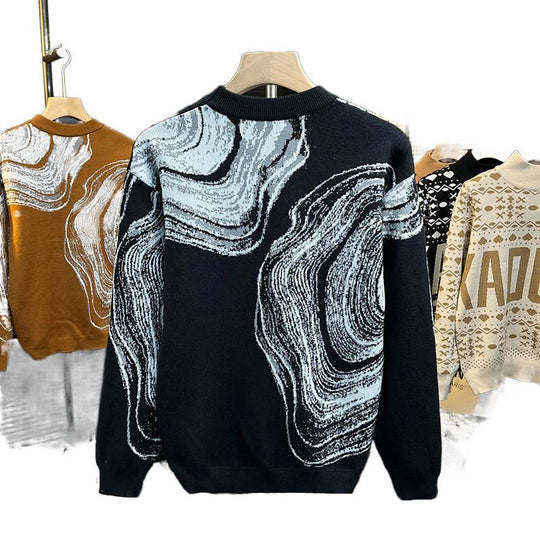 Herren Grobgestrickter Rundhalspullover mit abstraktem Marmor-Jacquard Shop Nory