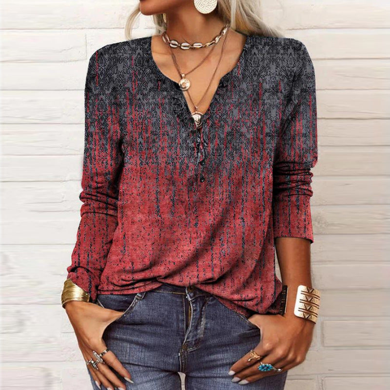 Damen Lockeres Langarm‑Henleyshirt mit V‑Ausschnitt, Knopfleiste und Ombre‑Print Shop Nory
