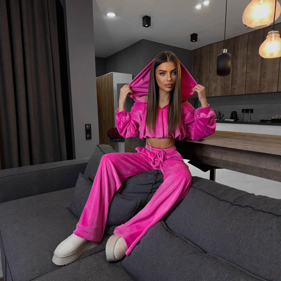 Damen luxuriöses Velours-Cropped-Hoodie und High-Waist Weite Jogginghose Set Shop Nory