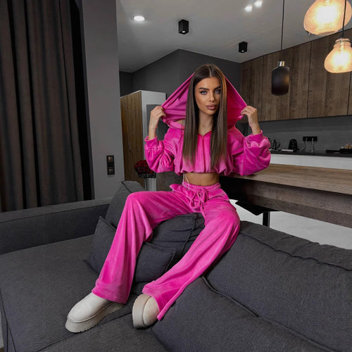 Damen luxuriöses Velours-Cropped-Hoodie und High-Waist Weite Jogginghose Set Shop Nory