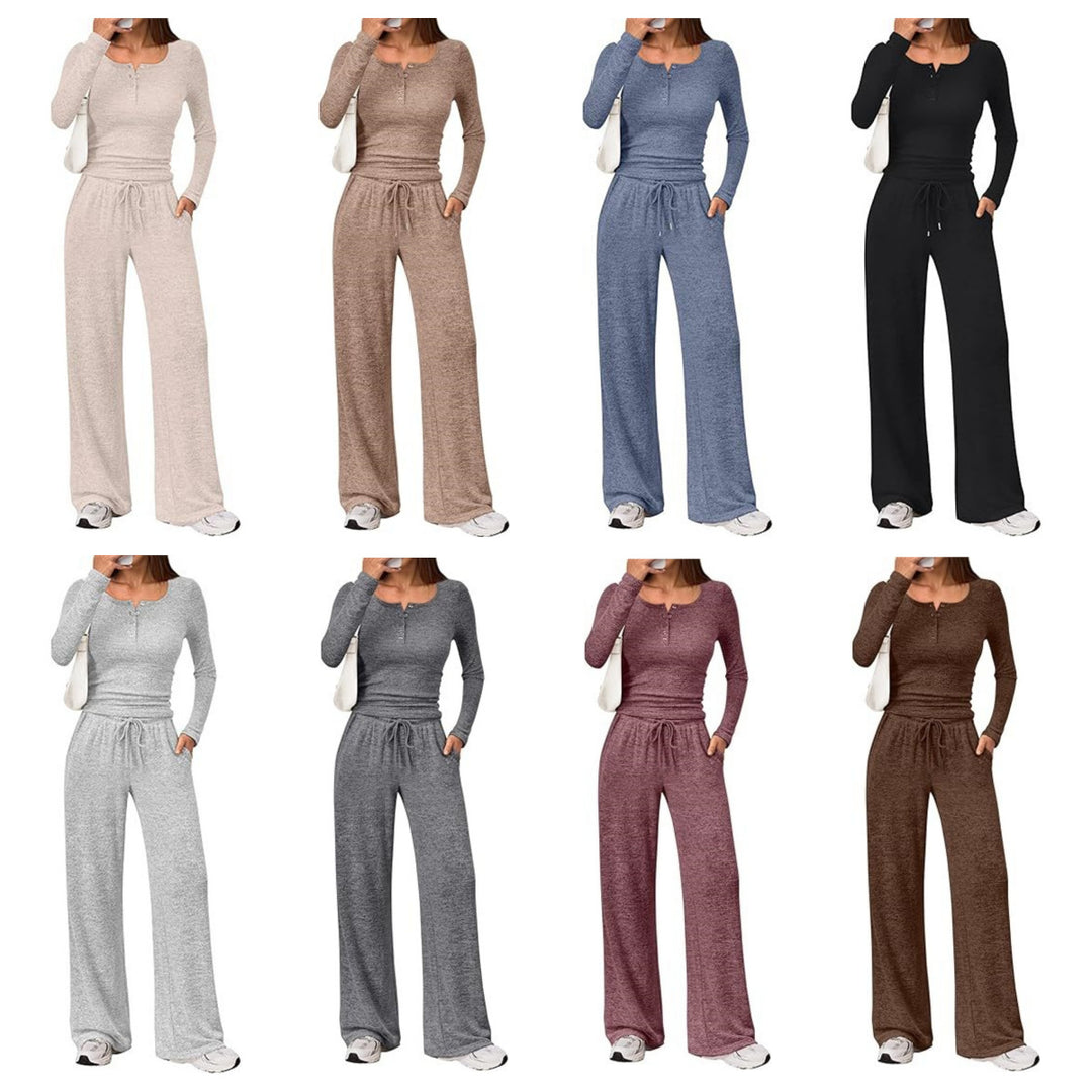 Damen Zweiteiliges Feinstrick-Lounge-Set mit Henley-Top und Palazzo-Hose Shop Nory