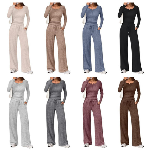 Damen Zweiteiliges Feinstrick-Lounge-Set mit Henley-Top und Palazzo-Hose Shop Nory