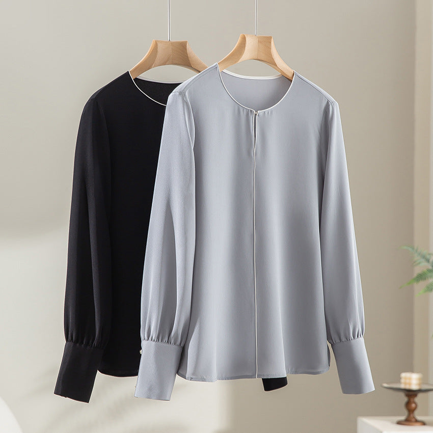 Damen Elegante seidenähnliche Bluse mit Kontrastpaspel und verlängerten Manschetten Shop Nory