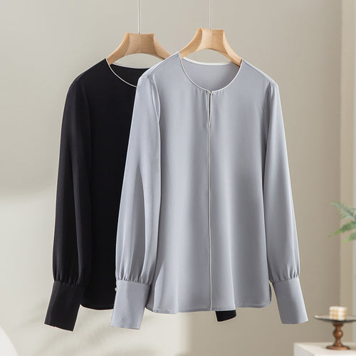 Damen Elegante seidenähnliche Bluse mit Kontrastpaspel und verlängerten Manschetten Shop Nory