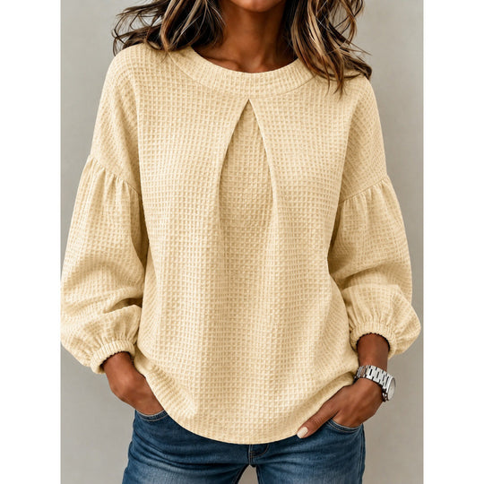 Damen Lockeres Waffelstrick-Sweatshirt mit Vorderfalte und Ballonärmeln Shop Nory