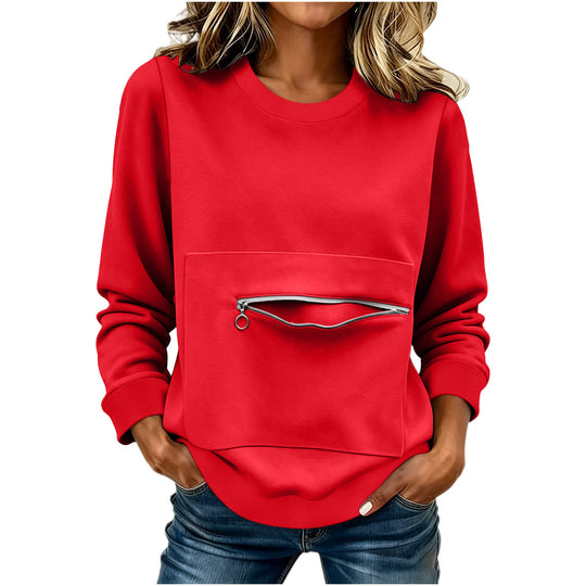 Damen nan locker geschnittenes Sweatshirt mit Frontreißverschlusstasche und Rundhalsausschnitt Shop Nory