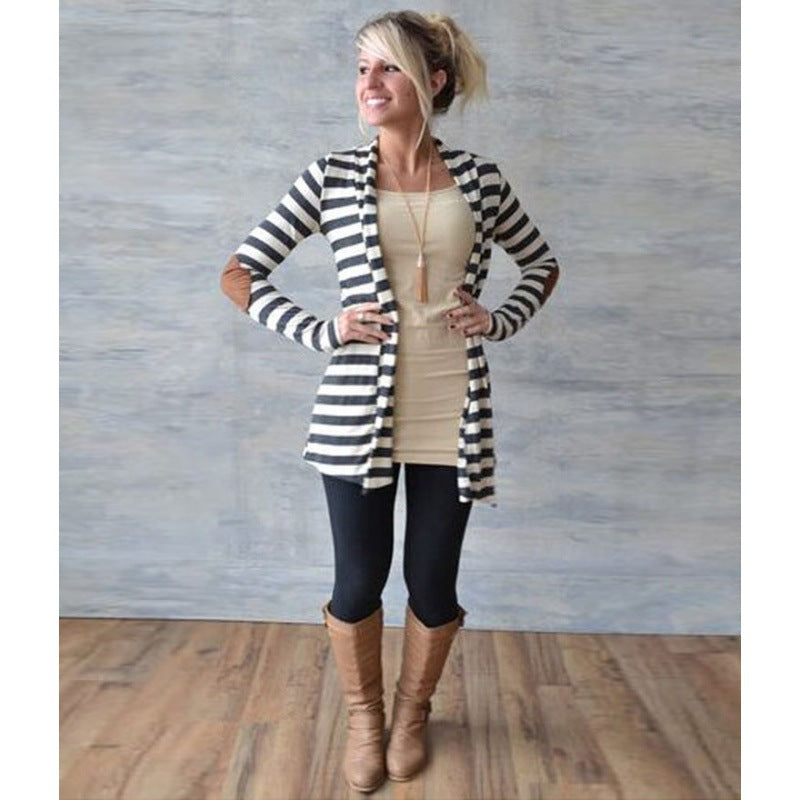 Damen Gestreifter Longcardigan mit offenem Waterfall-Schnitt und Ellbogen-Patches Shop Nory