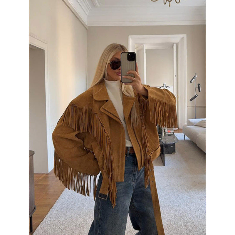 Damen Wildlederjacke mit Fransen und großzügigen Ärmeln