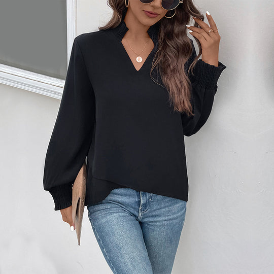 Damen Leichte Viskosebluse mit gerafftem Stehkragen, V‑Ausschnitt und Smokbündchen Shop Nory
